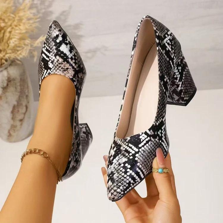 Women's Snake Print Pointed Toe Block Heel Pumps 2026 Spring Summer Elegant High Heels Versatile Office Party Shoes by GJG Denim