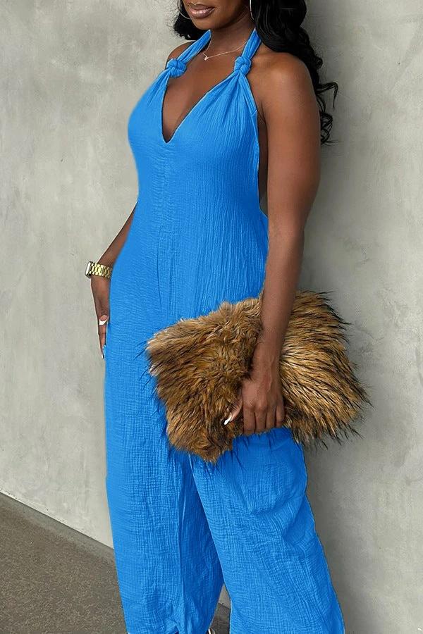 Long Linen Solid Color Jumpsuit With Belt by GJG Denim