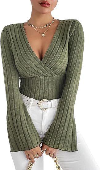 Women's Autumn And Winter Rib Sunken Stripe V-neck Flared Slim-fit Long Sleeve T-shirt Elegant Women's Top by GJG Denim
