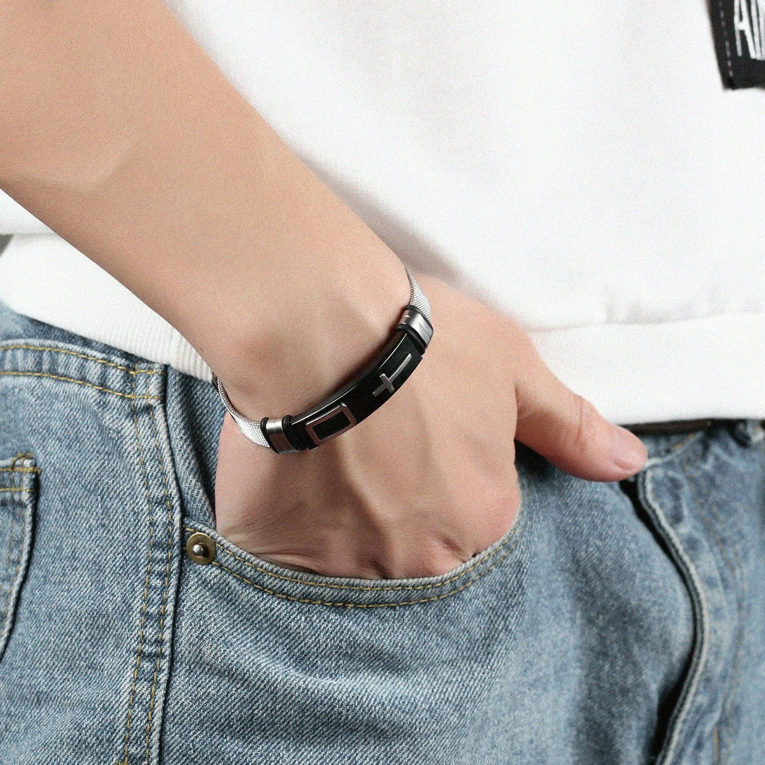 Steel Mesh Cross Titanium Men't Bracelet by GJG Denim