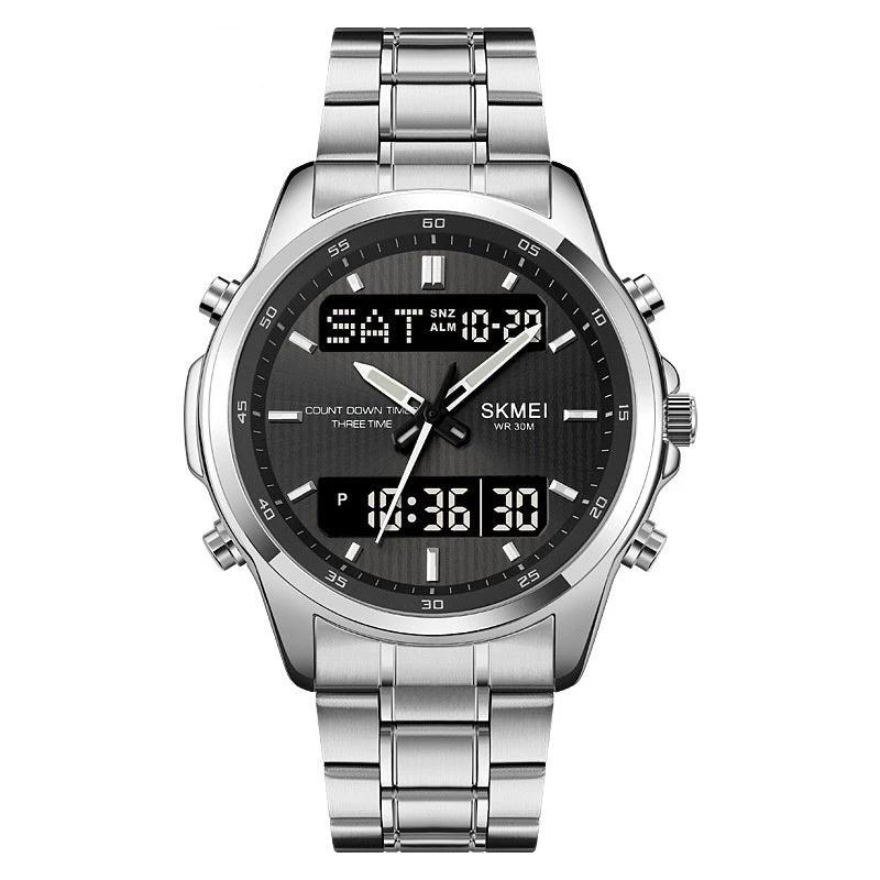 Multifunctional Men's Steel Strap Watch Double Display by GJG Denim