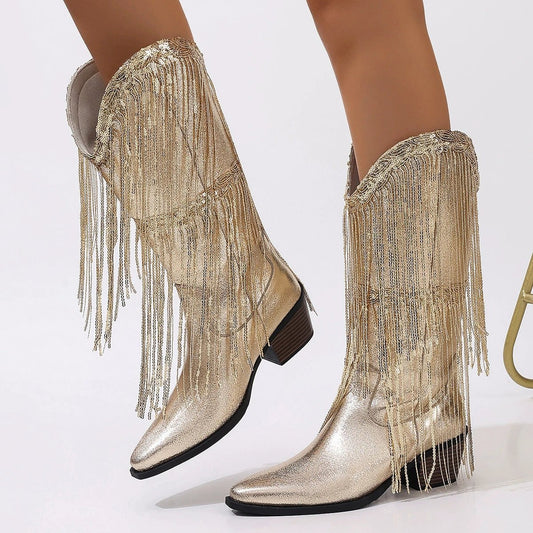 European And American Fashion Middle Fashion Boots Female Retro Chunky Heel Pleated Western Knight by GJG Denim