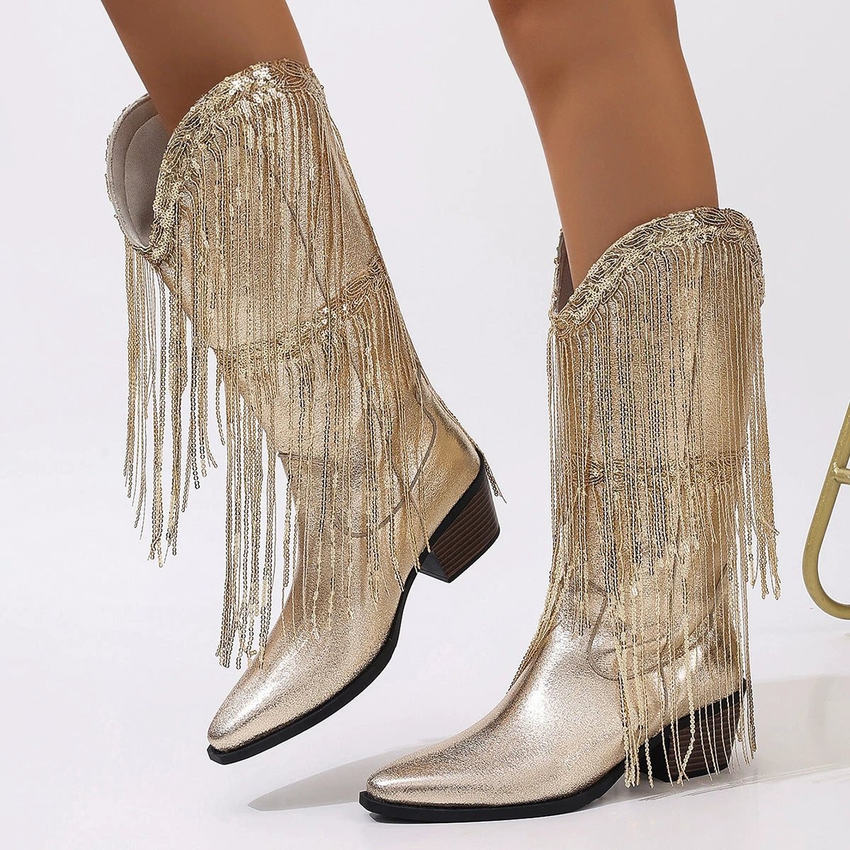 European And American Fashion Middle Fashion Boots Female Retro Chunky Heel Pleated Western Knight by GJG Denim