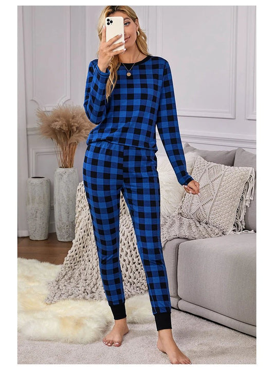 Christmas Long-sleeved Trousers Loungewear Suit Plaid Contrast Color Home Pajamas For Women by GJG Denim