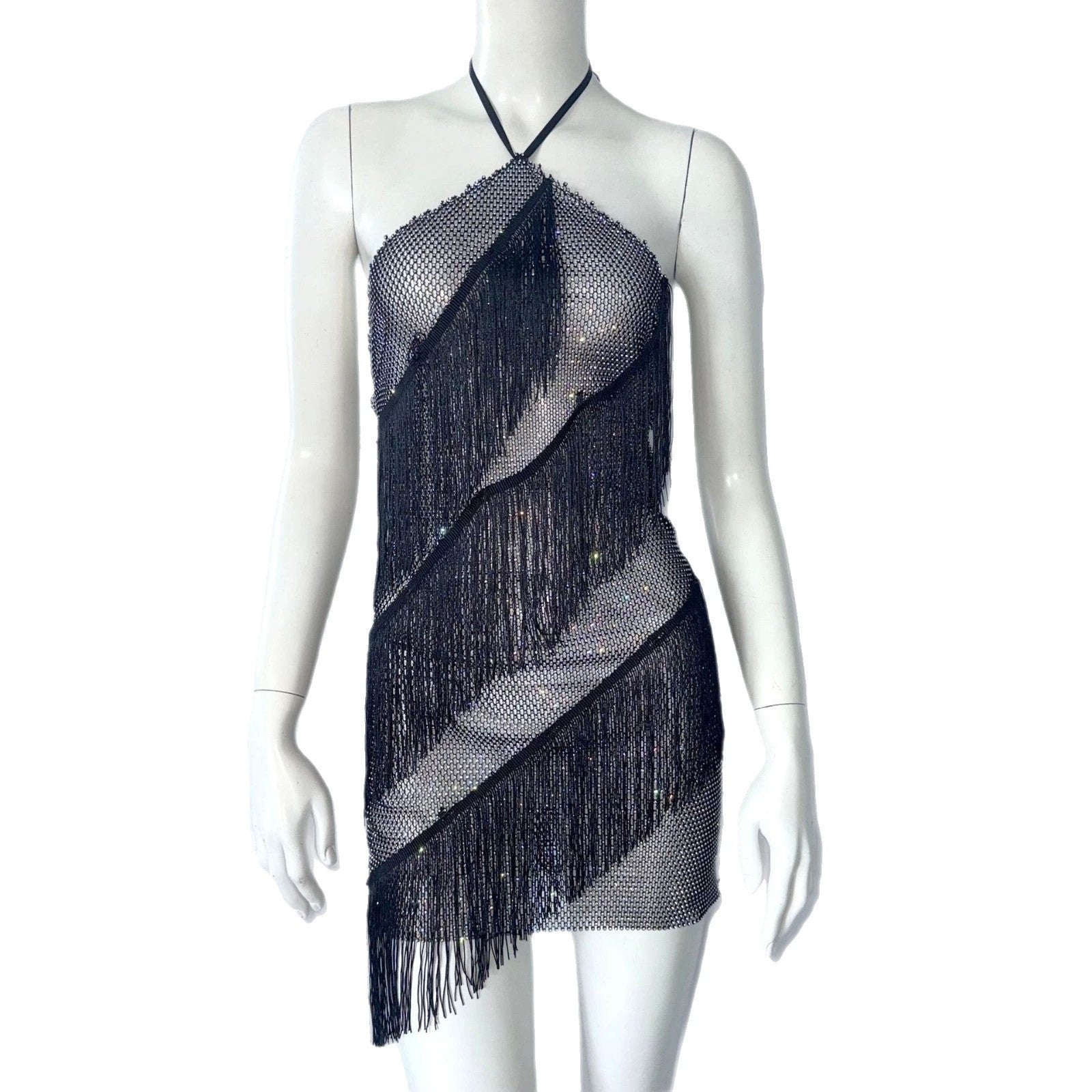 Fishnet Rhinestone Tight Tassel Halter Suspender Skirt by GJG Denim