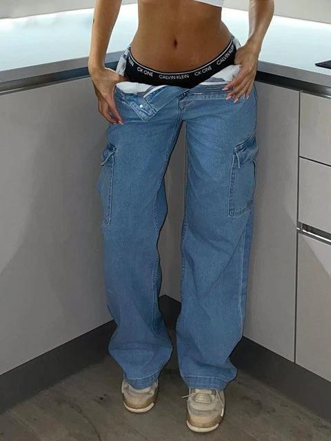 Straight Leg Cargo Pants Women High Waist Casual Baggy Pants by GJG Denim