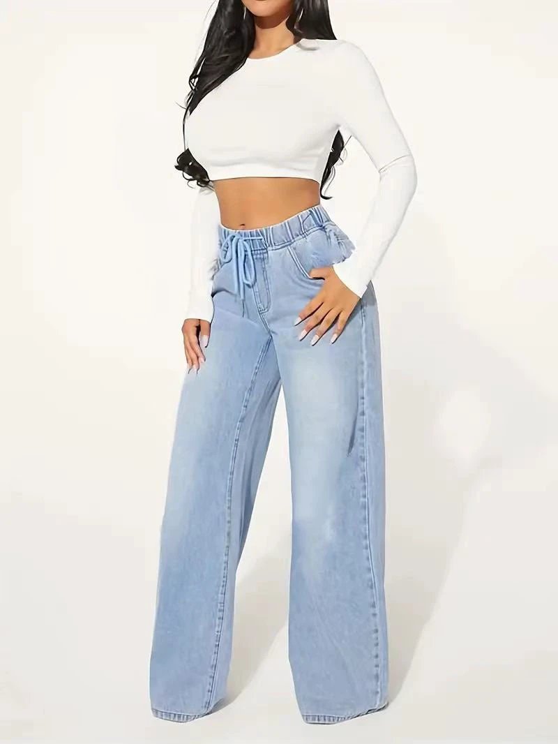 High Waist Drawstring Loose Wide Leg Light Blue Jeans by GJG Denim