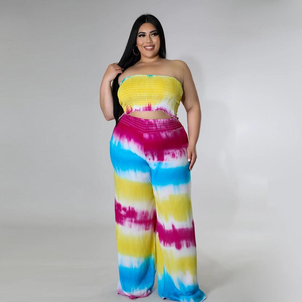 Women's Tie-dye Print Chest-wrapped Backless Plus Size Two-piece Suit by GJG Denim