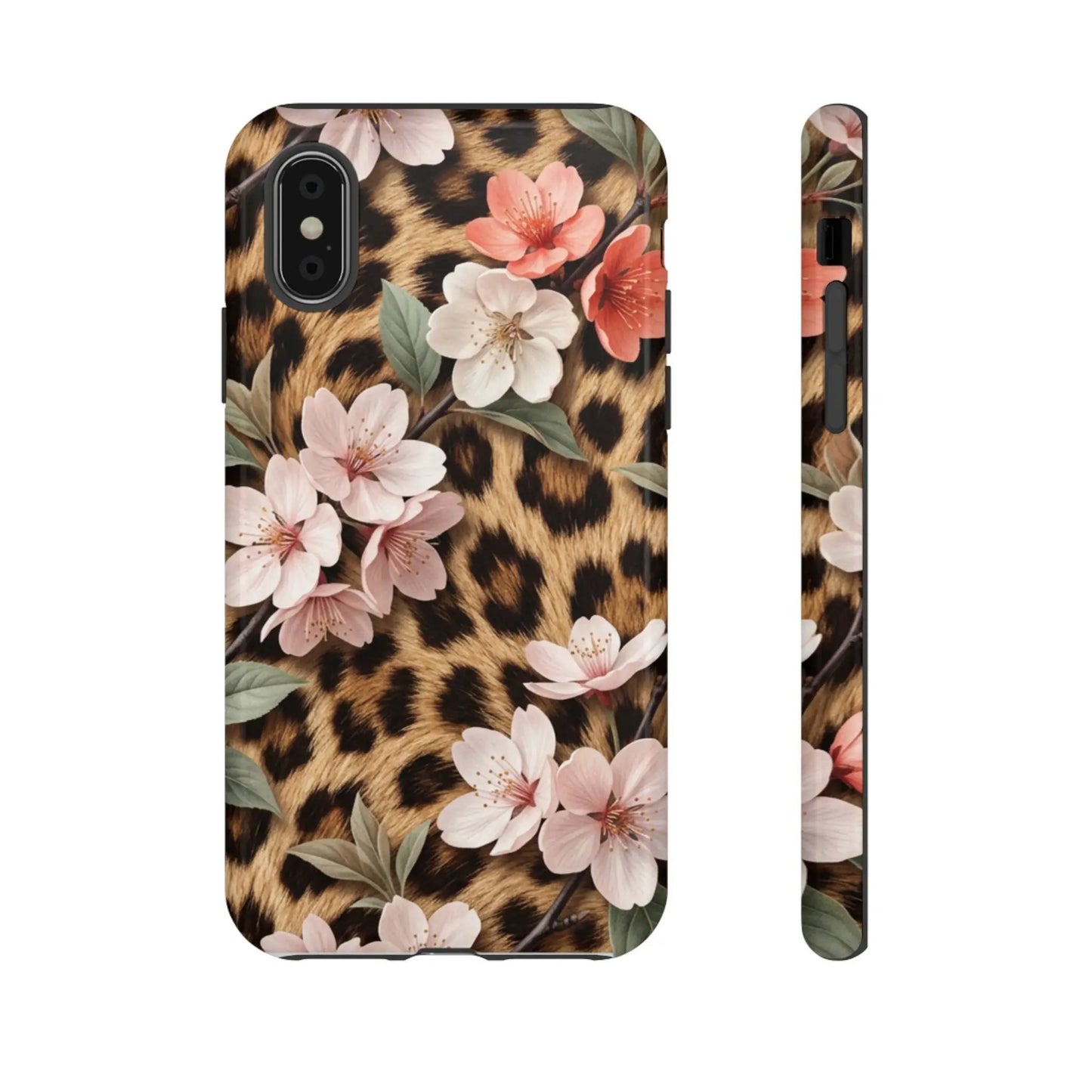 Leopard Floral Tough Case — Protective Phone Case with Pink Cherry Blossoms by Printify