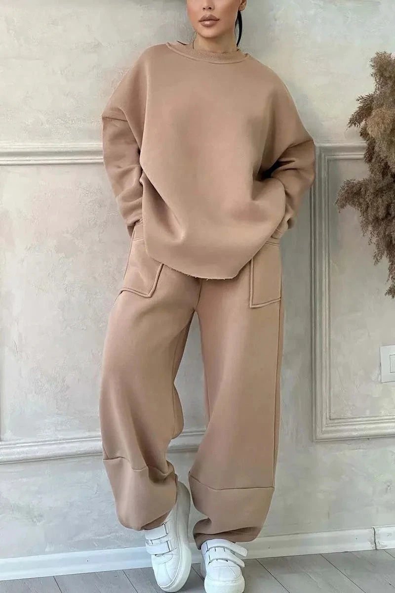 Women's Autumn And Winter Casual Loose Round Neck Long-sleeved Sweater Trousers Suit by GJG Denim
