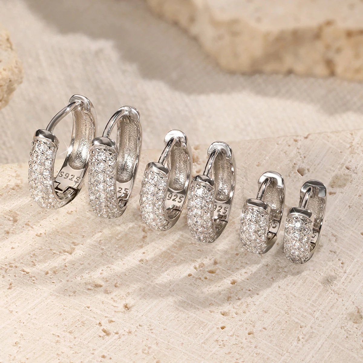 Three-row Drill Wide Face Circle Ear Clip Retro High-grade Sterling Silver Stud Earrings by GJG Denim
