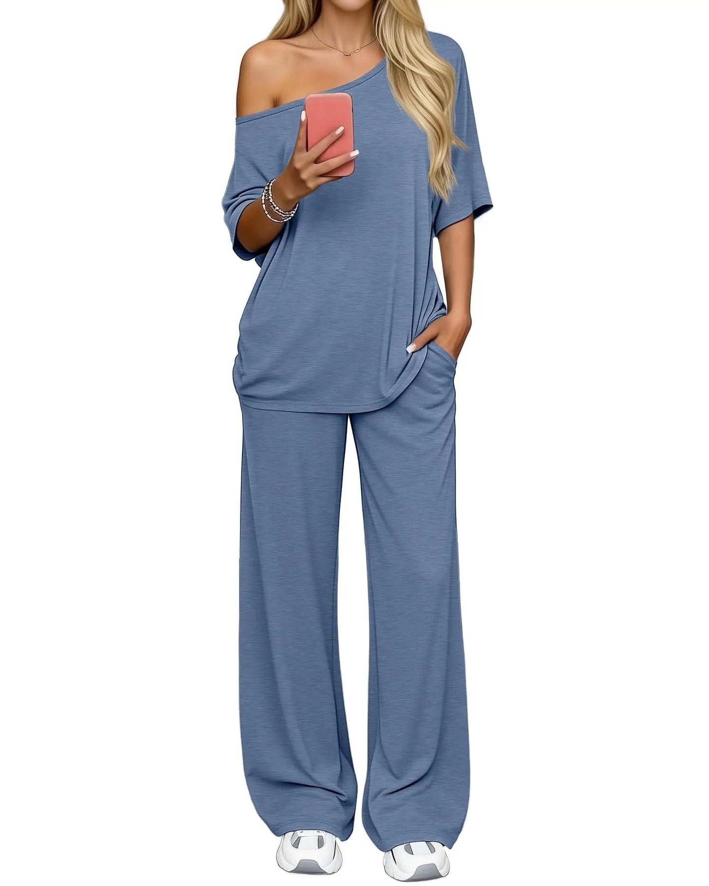 Off-shoulder Loose Casual Short-sleeve Top And Wide-leg Pants Two-piece Set by GJG Denim