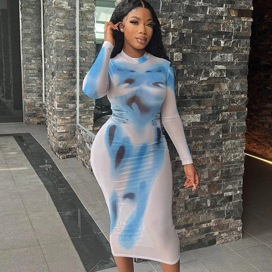 New Street Print Round Neck High Waist Pullover Long Sleeve Slim Wrap Buttock Long Dress For Women by GJG Denim