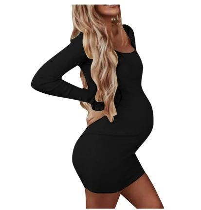 Maternity Winter Dresses Women Pregnant O-Neck Long Sleeve Solid High Elastic Soft Dress Robe Grossesse Props Plus Size Clothing by GJG Denim