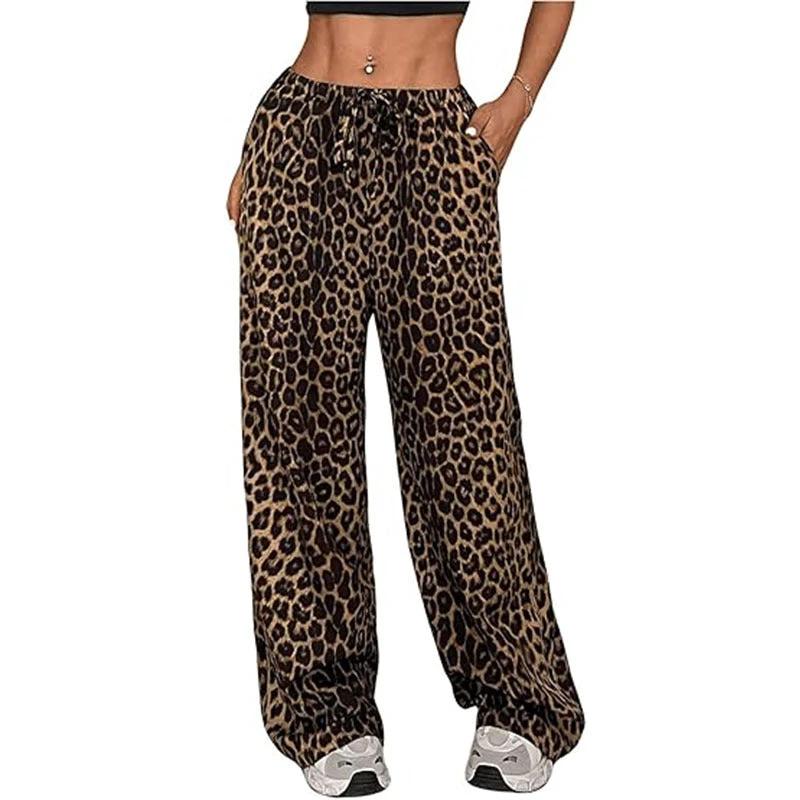 Women's Casual Leopard Print High Waisted Wide-Leg Pants Elegant Drawstring Loose Long Trousers by GJG Denim
