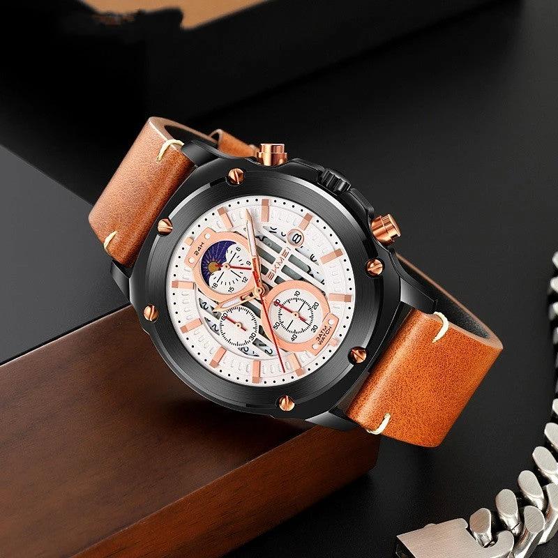 Men's Fashion Trend Leather-belt Three Eyes And Six Needles Quartz Watch by GJG Denim