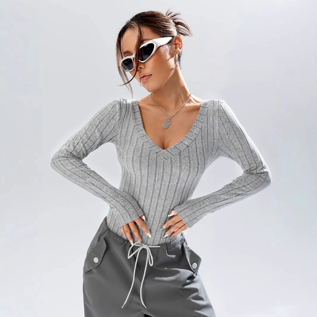 Simple Casual Solid Color Deep V-neck Slim Fit Waist-controlled Long Sleeves Jumpsuit Women by GJG Denim