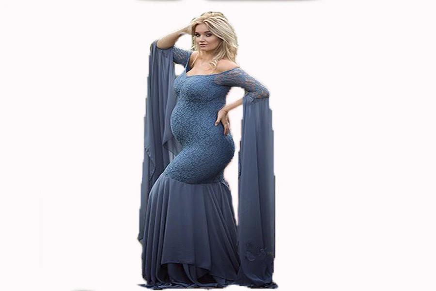 Lace Stitching Super Long Sleeve Maternity Dress by GJG Denim