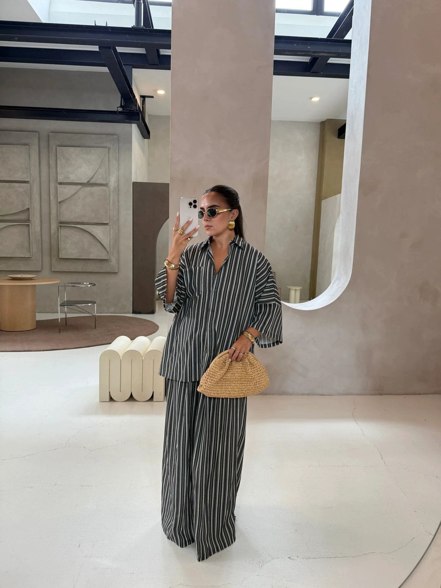 Casual Striped Shirt Wide Leg Pants Suit by GJG Denim