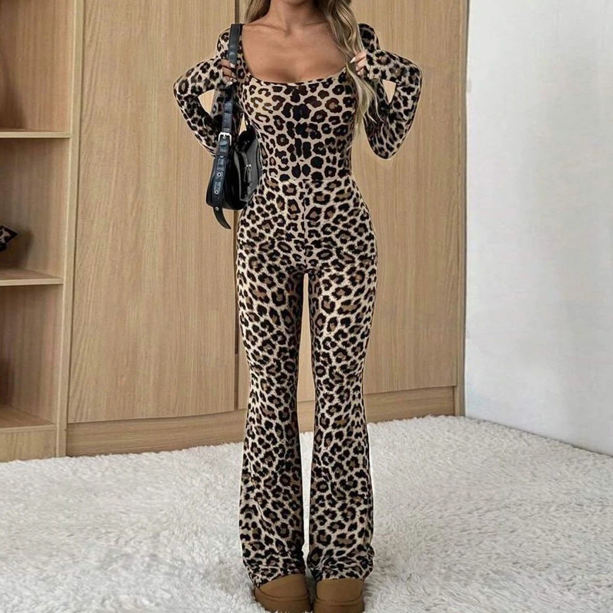 Women's Slim-fit Hip-wrapped Square Collar Leopard Print Jumpsuit by GJG Denim