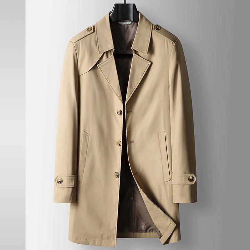 Men's Mid-length Lapel Single Breasted Business Casual Trench Coat by GJG Denim