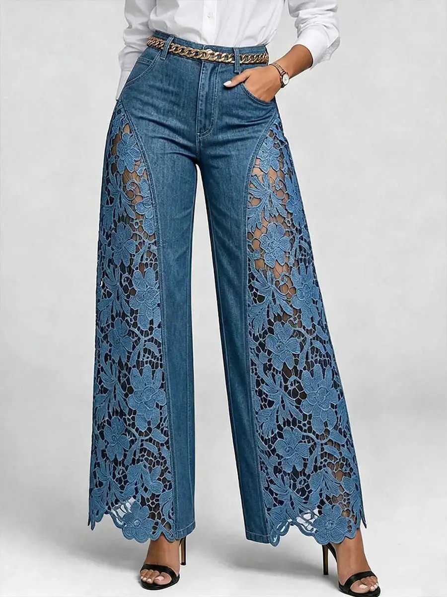 High-waisted Wide-leg Pants Womens Lace-panelled Jeans by GJG Denim