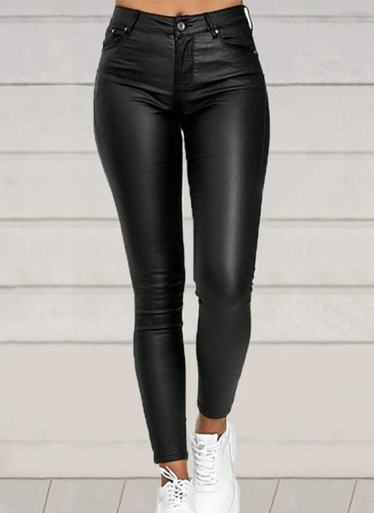 Pure Color PU Leather Pants Casual Feet Pants Women by GJG Denim