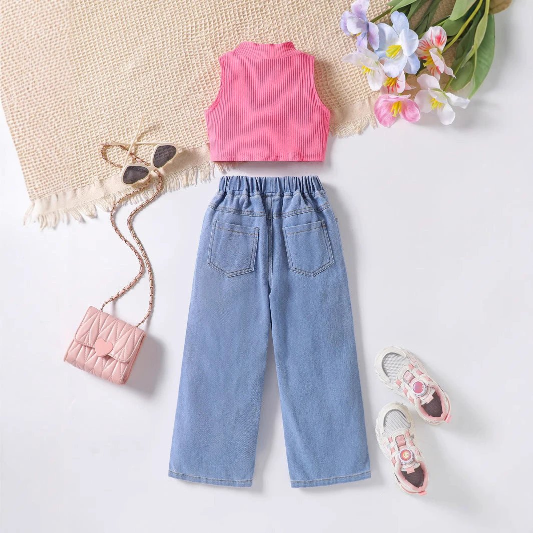 New Girls' Solid Color Sleeveless Vest Letters by GJG Denim