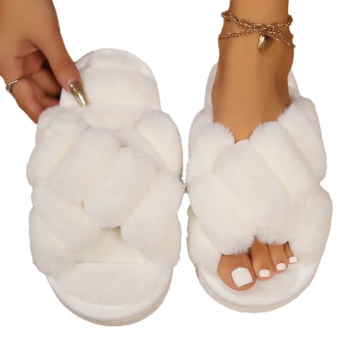 Fluffy Slippers Women's Non-slip Thick-soled Cotton Slippers by GJG Denim