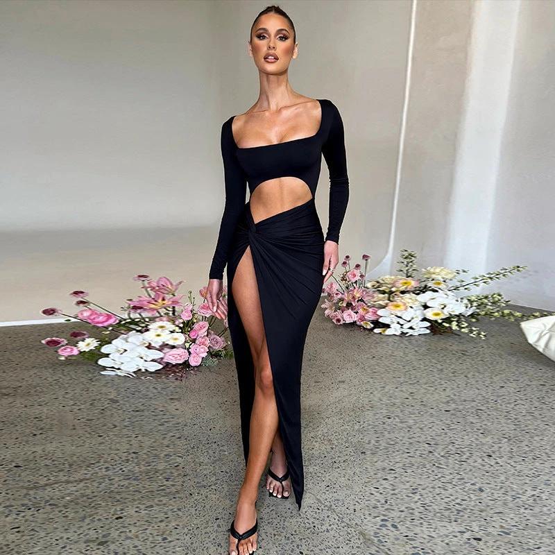 Womens Clothing Long Sleeve Dress Fashion Hollow U-neck Split Dress Party Wedding by GJG Denim