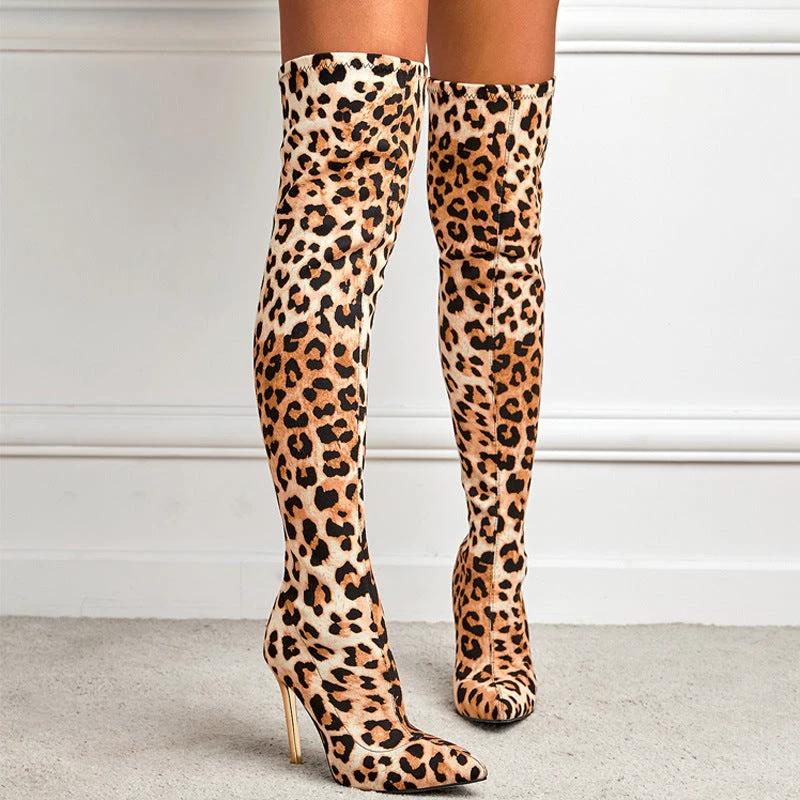 Winter Fashion Leopard Print Pointed-toe Skinny Stiletto Heel High Leg Boot by GJG Denim