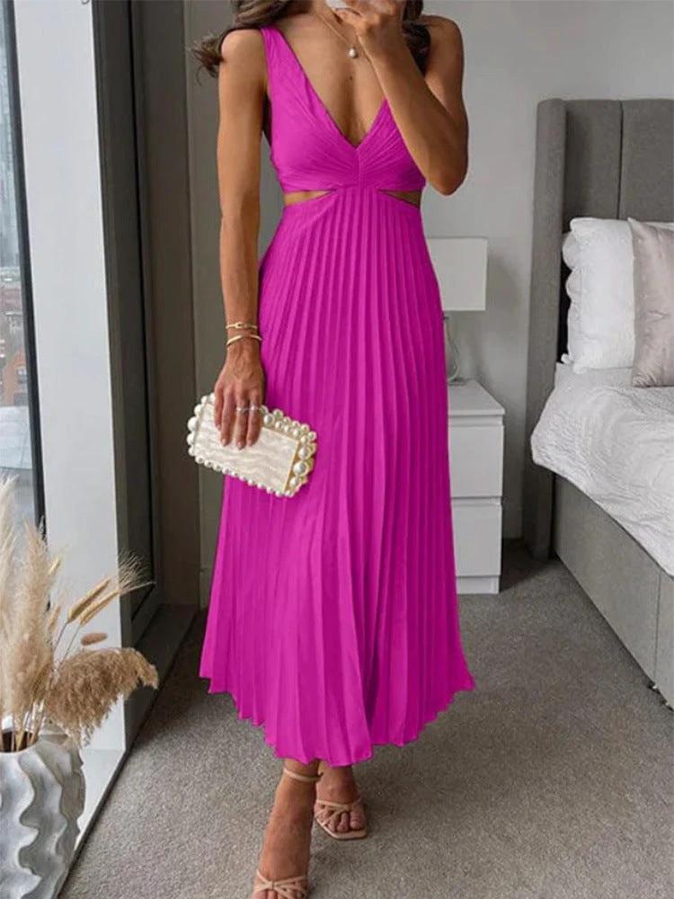 Ins Suspender Pleated Long Dress With Hollow-waisted Design Fashion V-neck Backless Dresses Summer Women's Clothing by GJG Denim