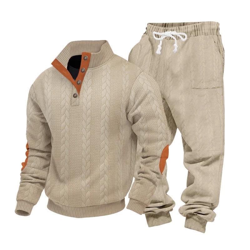 Men's Loose Stand Collar Henley Sweatshirt Casual Pants Set by GJG Denim