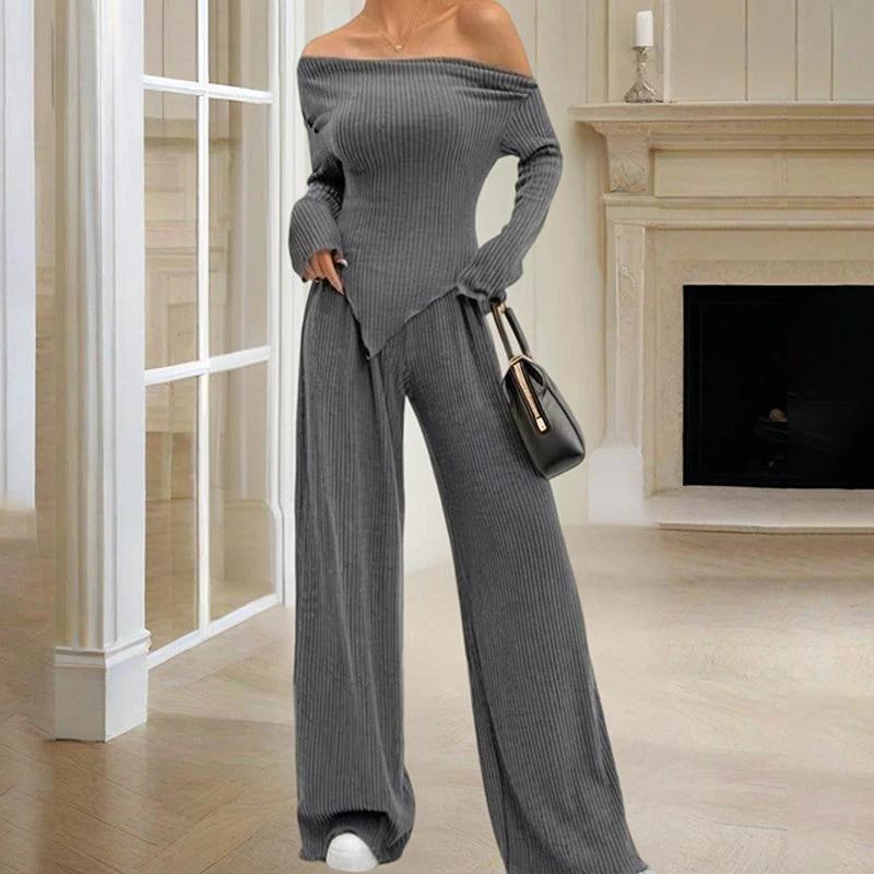 Women's Solid Color Off-Shoulder Long Sleeve Top & Pants Set - Elegant Asymmetrical Hem & Ruffes Cuff Casual Outfit by GJG Denim