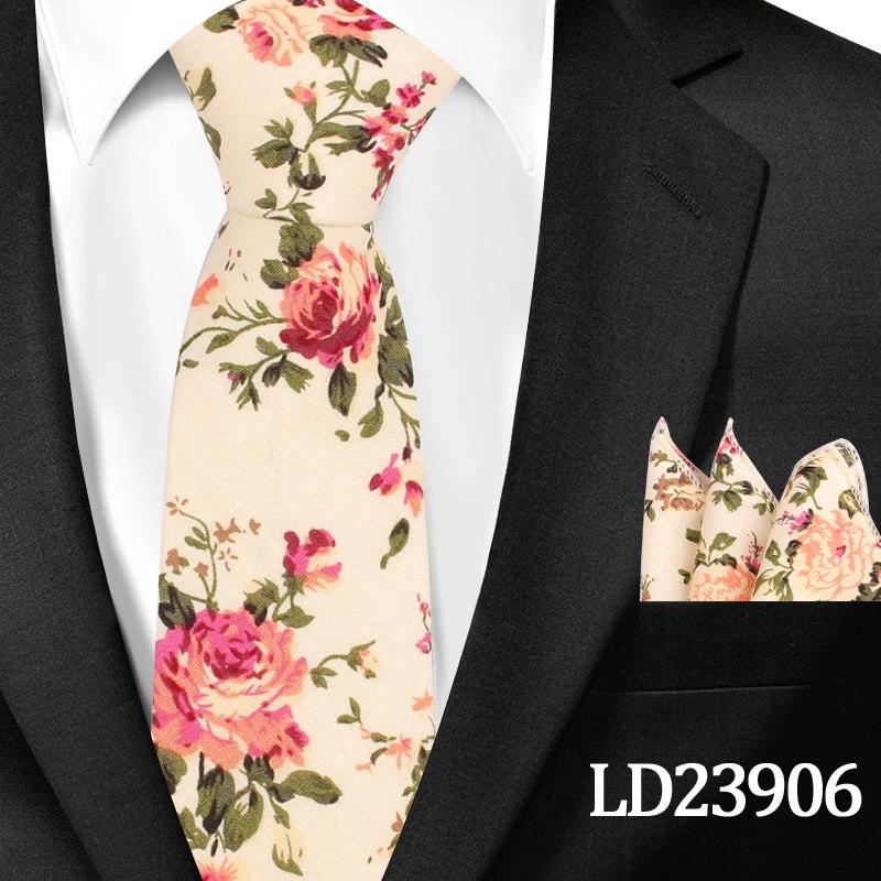 Men's Casual Cotton Floral Print 6cm Tie and Pocket Square by GJG Denim