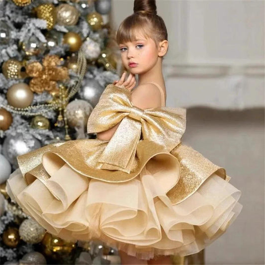 New Gold Satin One Year Old Celebration Dress Western Style Baby Girl Princess Dress by GJG Denim