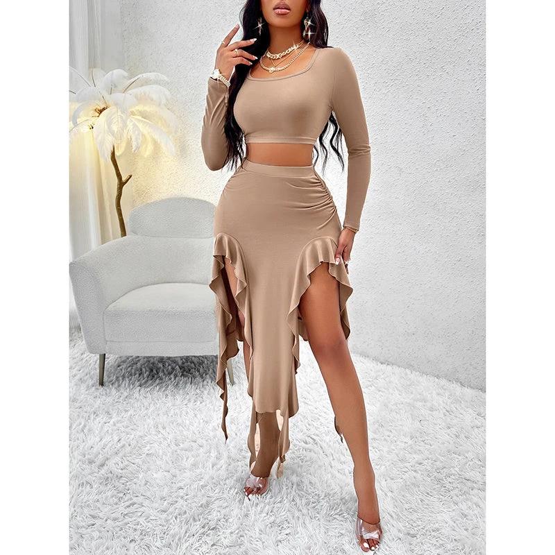Women Summer 2 Piece Skirt Sets Long Sleeve Square Neck Crop Top Ruffle Trim Irregular Split Sexy Club Party Skirt Outfits by GJG Denim