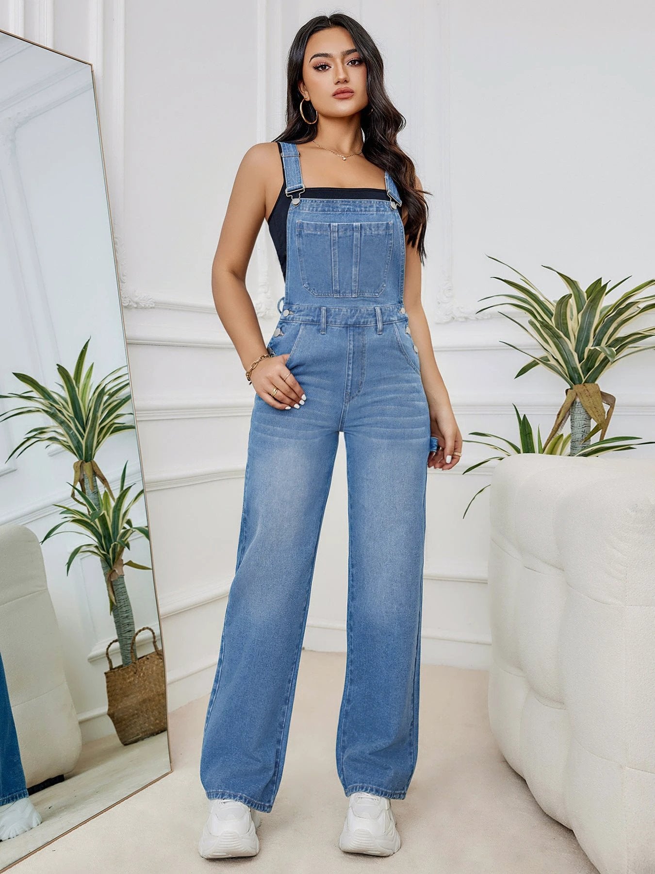 Women's Washed Denim Suspender Pants by GJG Denim