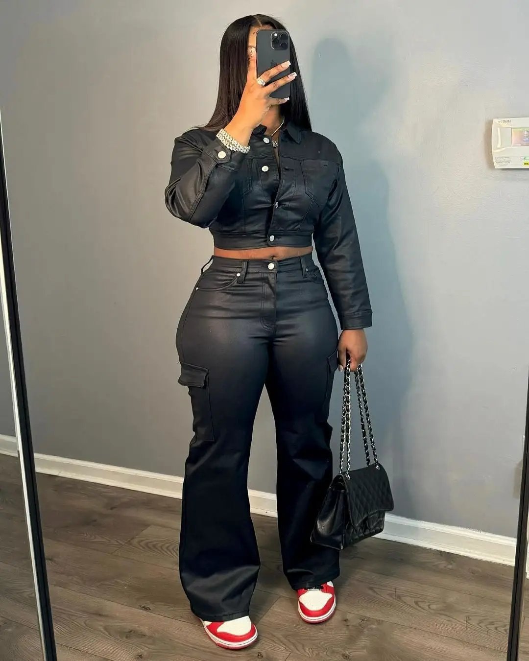 Suit-style Leather Jacket Best-selling Cardigan And Casual Trousers Set by GJG Denim