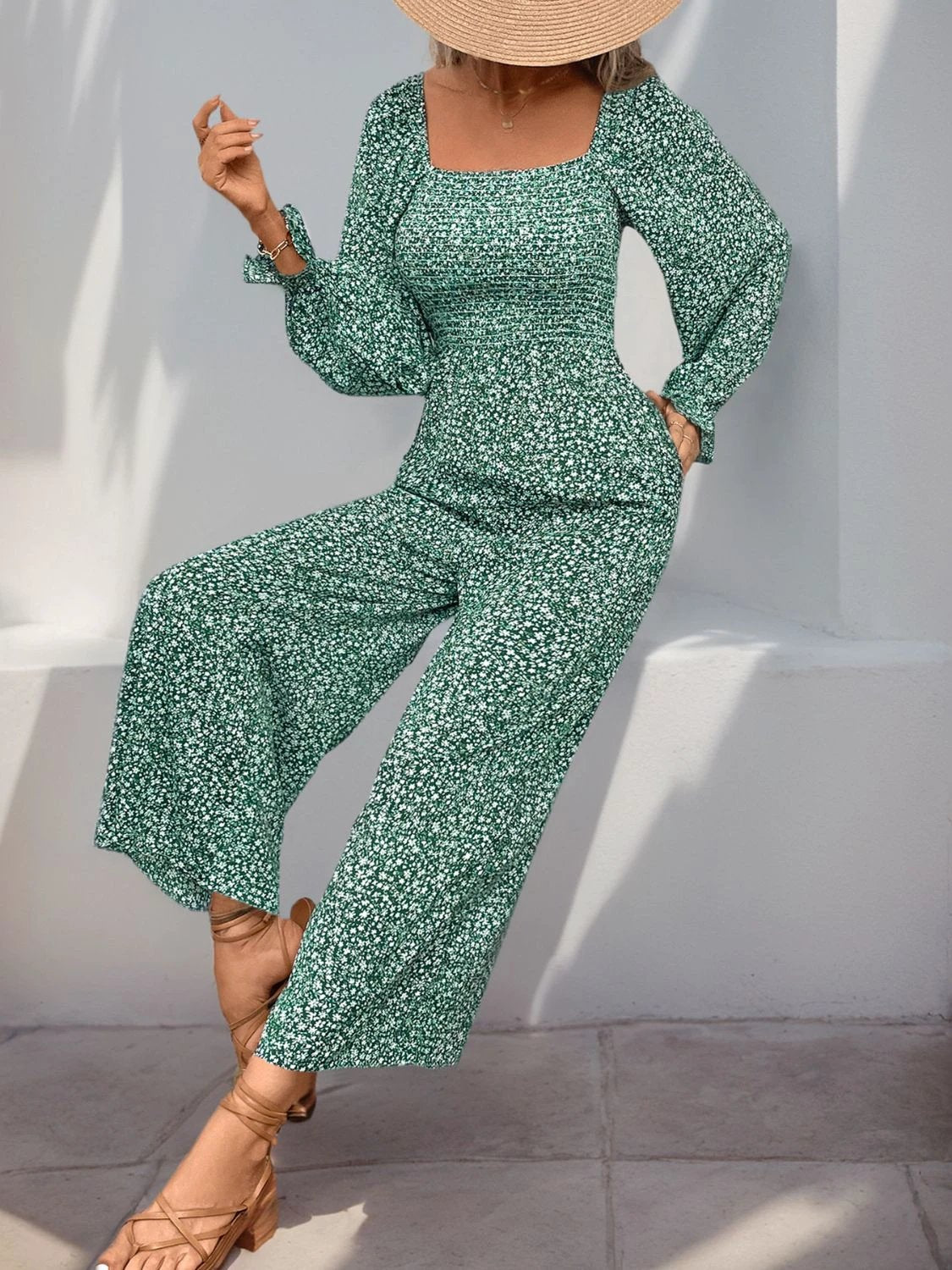 Perfee Smocked Printed Long Sleeve Wide Leg Jumpsuit by Lady Ros