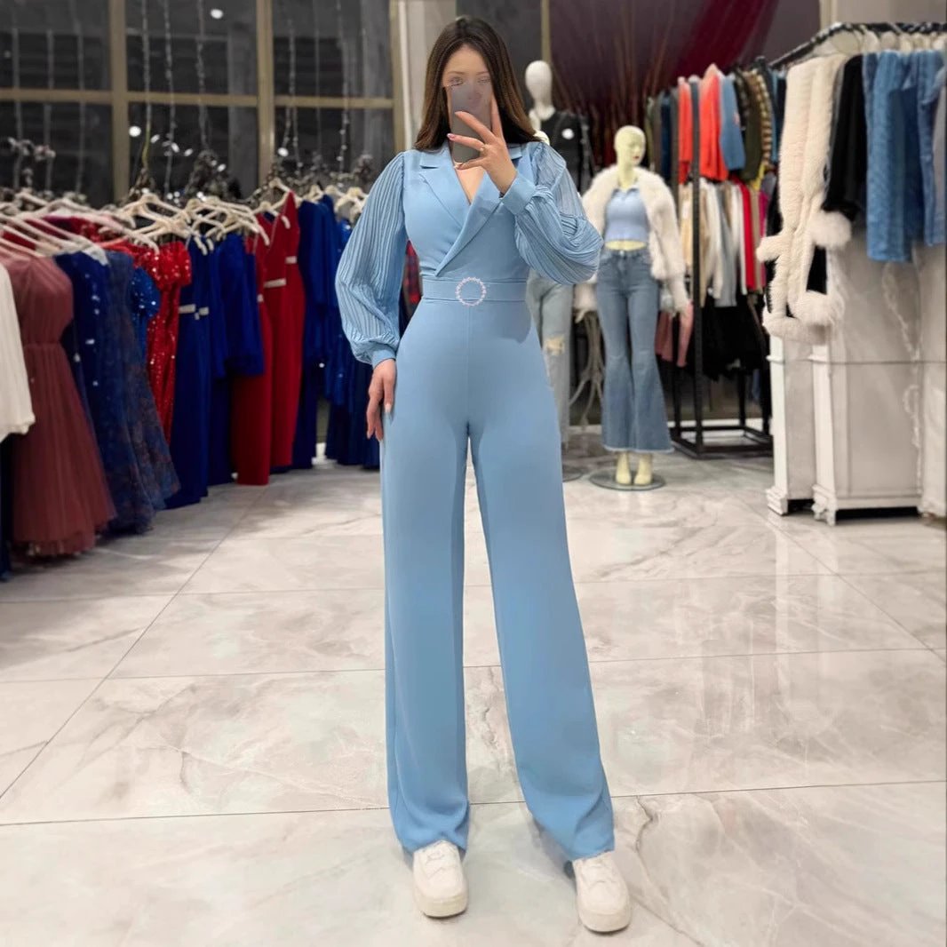 Fitted Jumpsuit With Pleated Long Sleeves And A Blazer Collar by GJG Denim