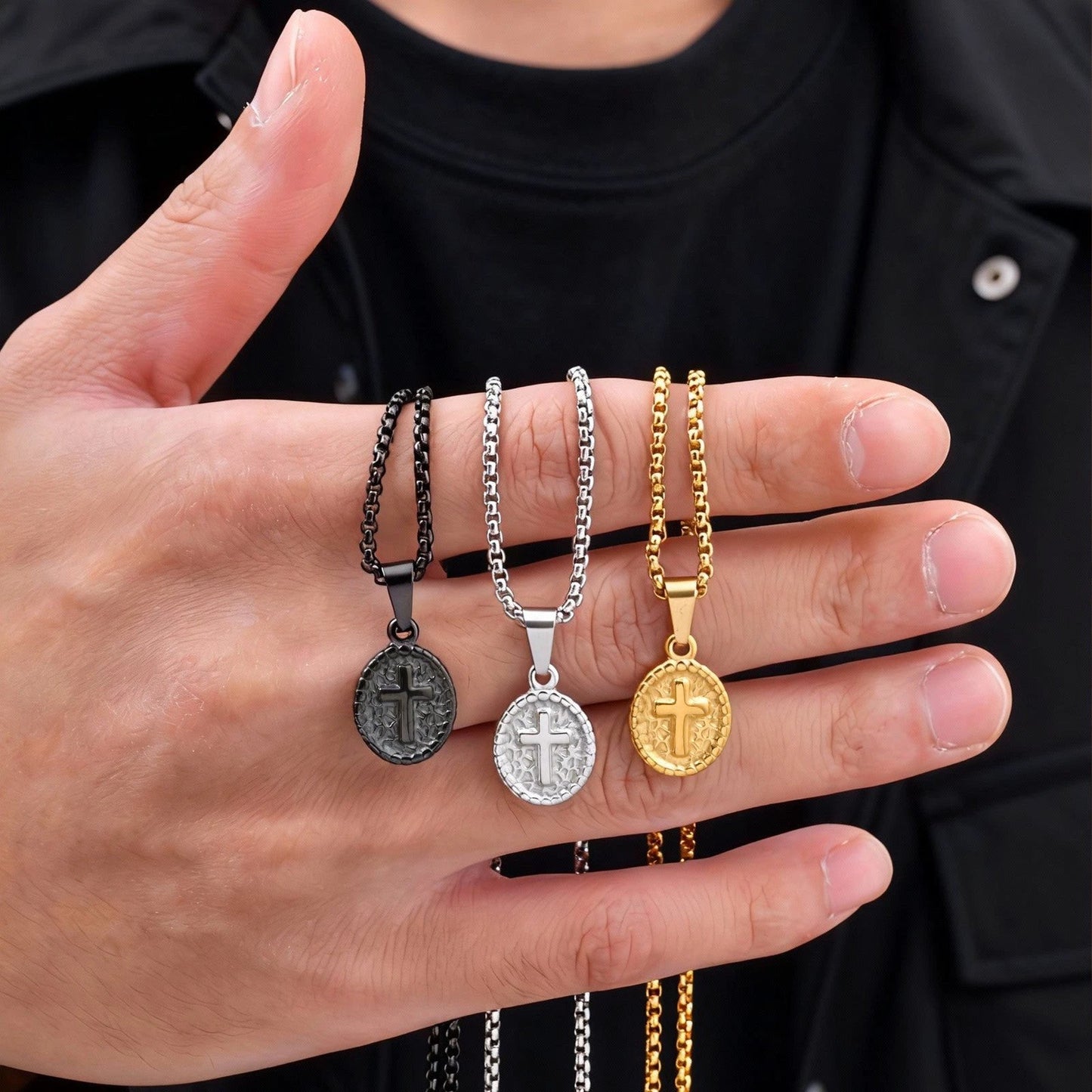Casual Cross-Shaped Oval Pendant Necklace For Men by GJG Denim