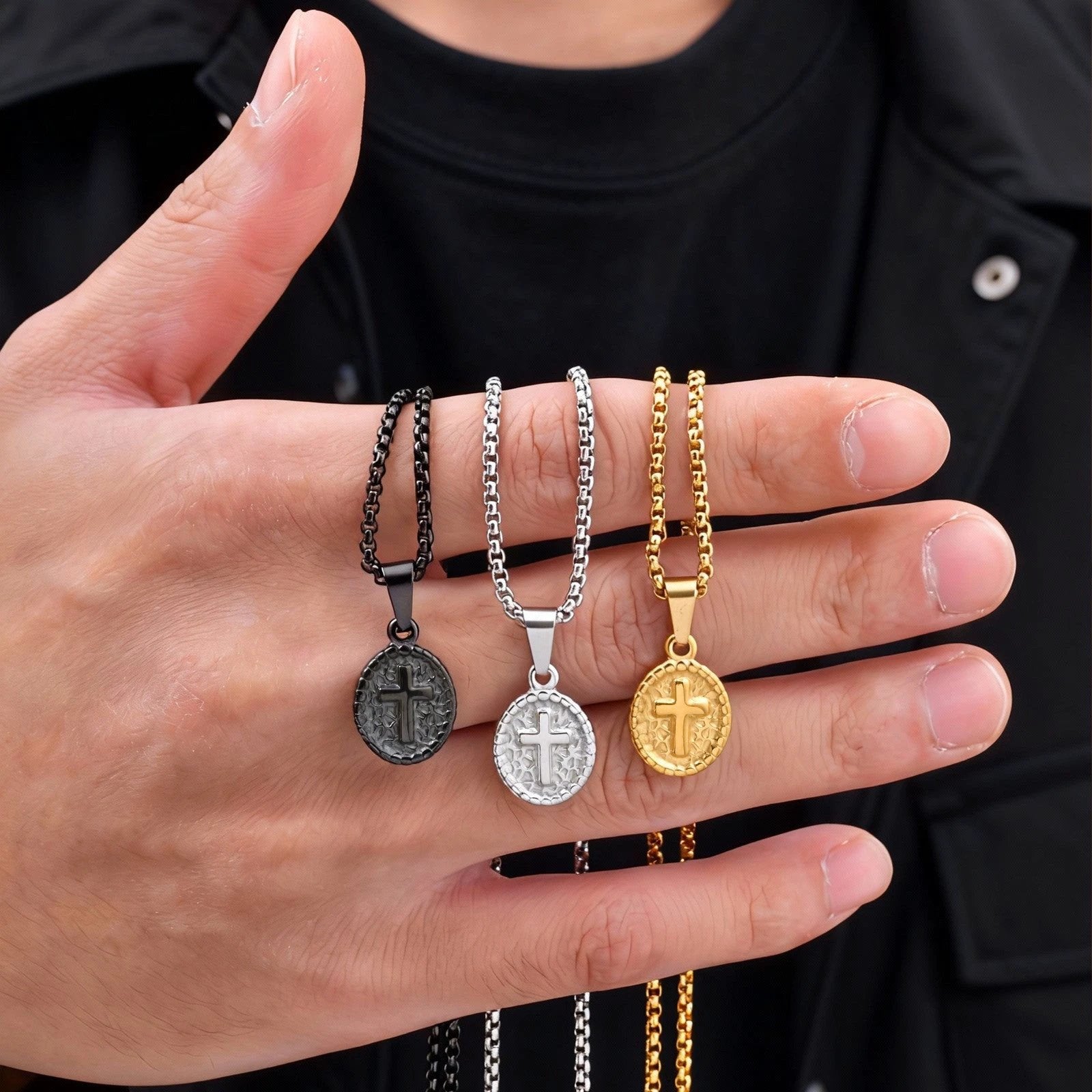 Casual Cross-Shaped Oval Pendant Necklace For Men by GJG Denim