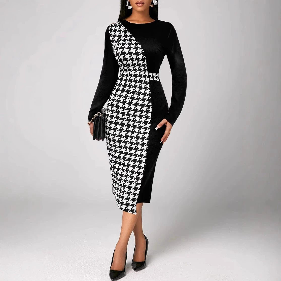 Multicolor Printing Cross Hem Neck Stripe Long Sleeve Plus Size Dress by GJG Denim