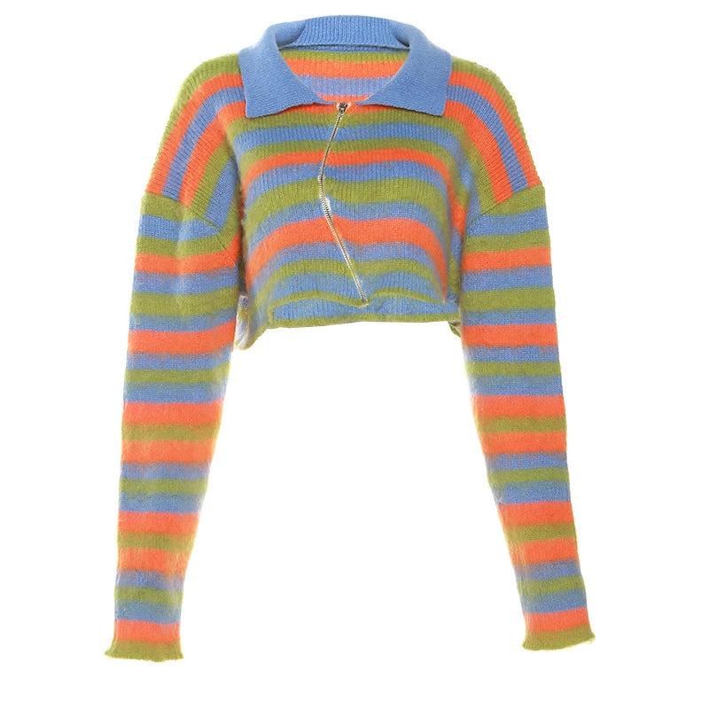 Stripe Sweater Crop Top Matching Long Skirt Split by GJG Denim