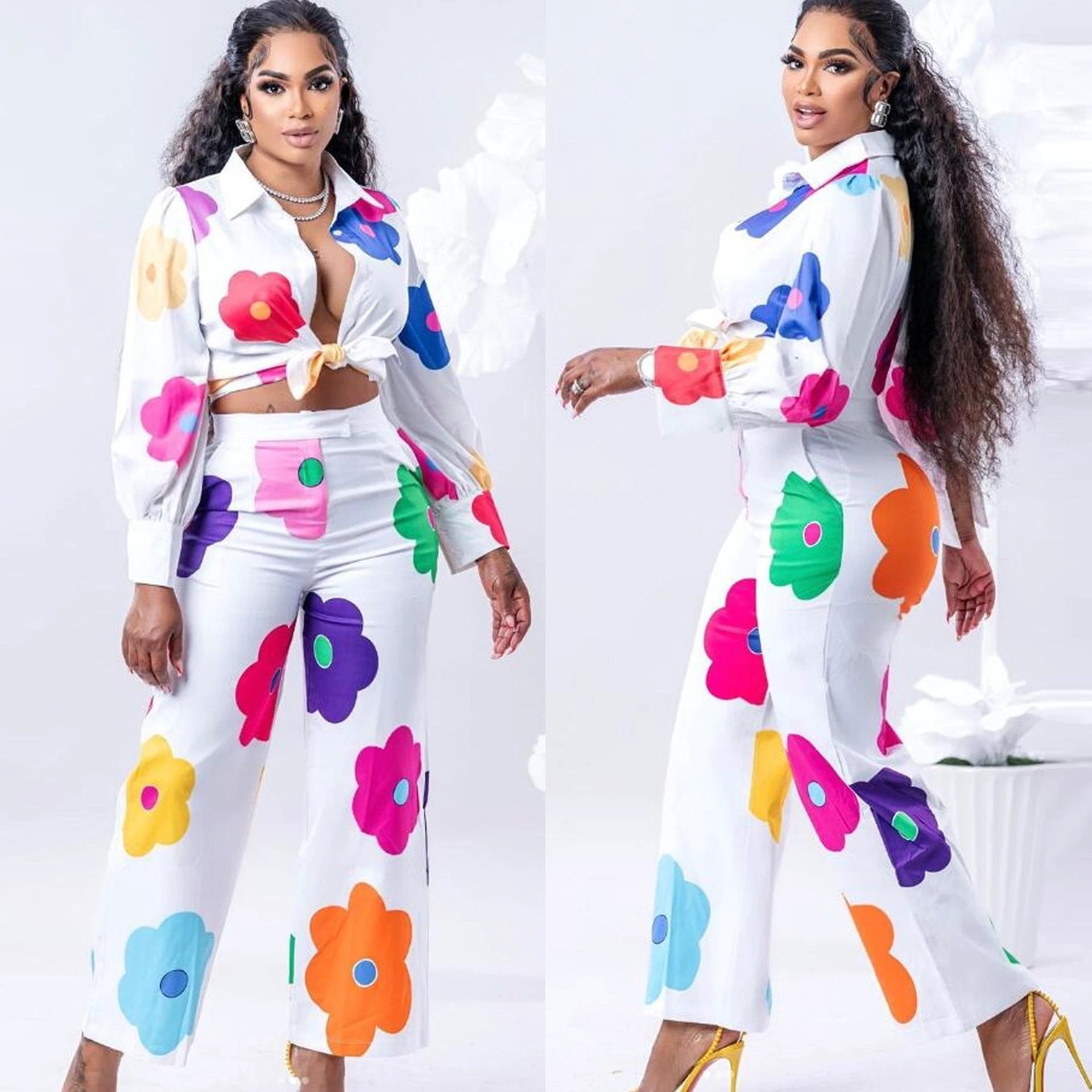 Women's Fashion Color Printed Shirt Suit Two-piece Set by GJG Denim
