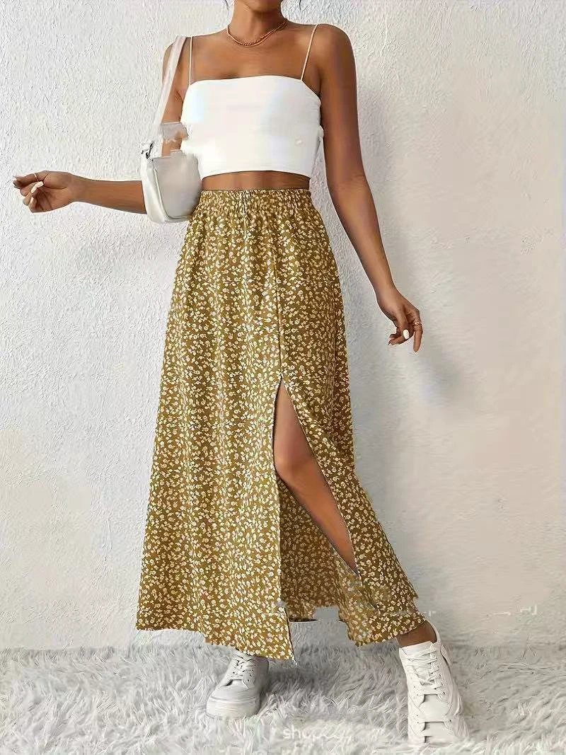 Women's Fashionable With Side-slit Printed Skirt by GJG Denim