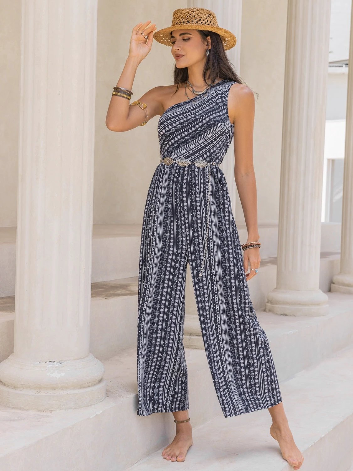 Printed Single Shoulder Sleeveless Jumpsuit by Lady Ros