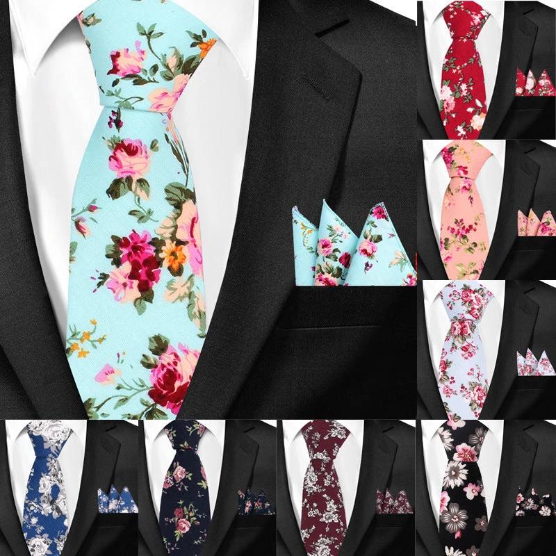 Men's Casual Cotton Floral Print 6cm Tie and Pocket Square by GJG Denim