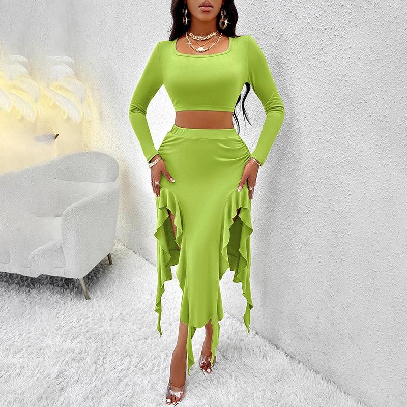 Women's Long Sleeve Round Neck Pleated Dress Suit - Solid Color Elegant Ruffle Outfit by GJG Denim
